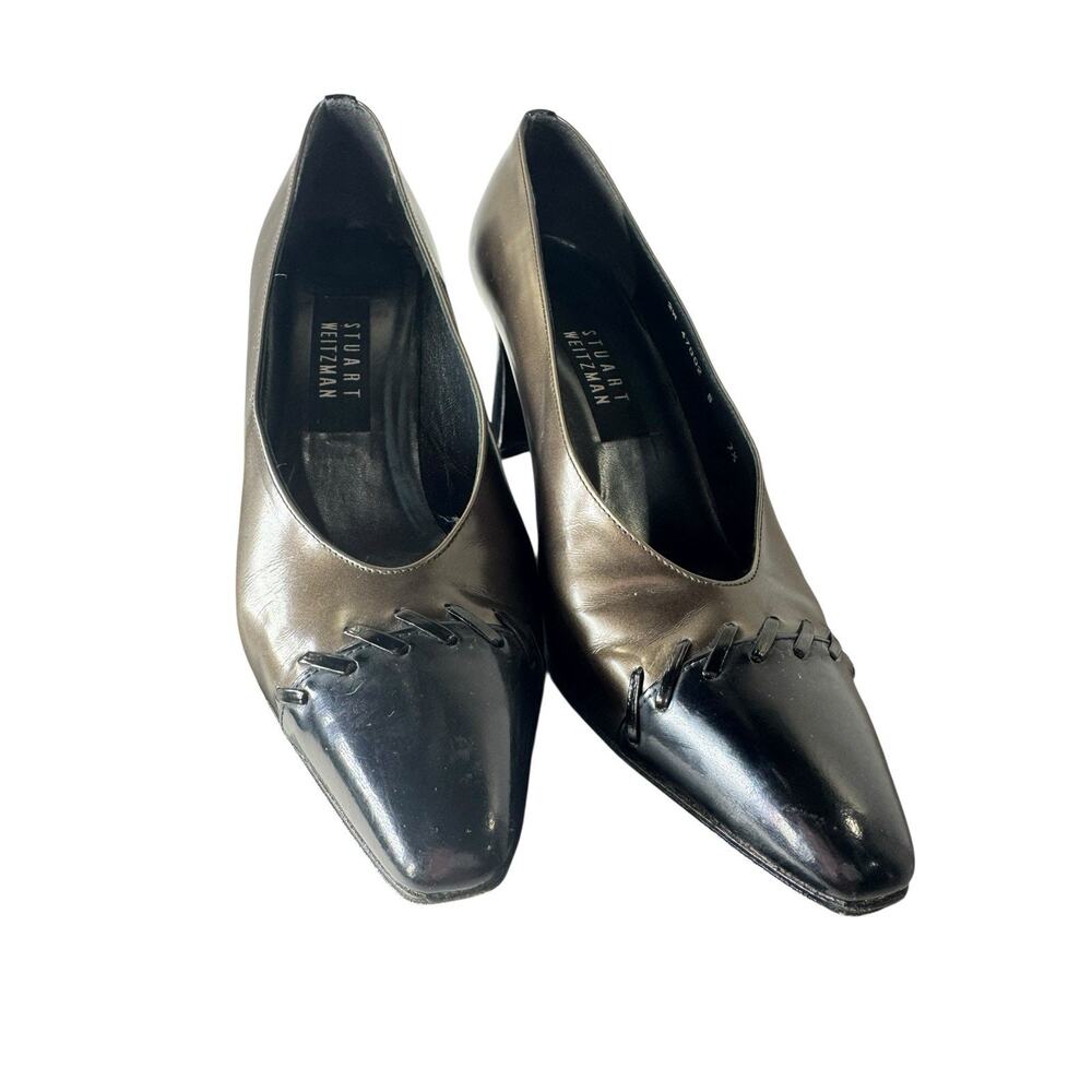 Stuart Weitzman Womens 7.5B Patent Leather Heels Pewter Metallic Braided Pump